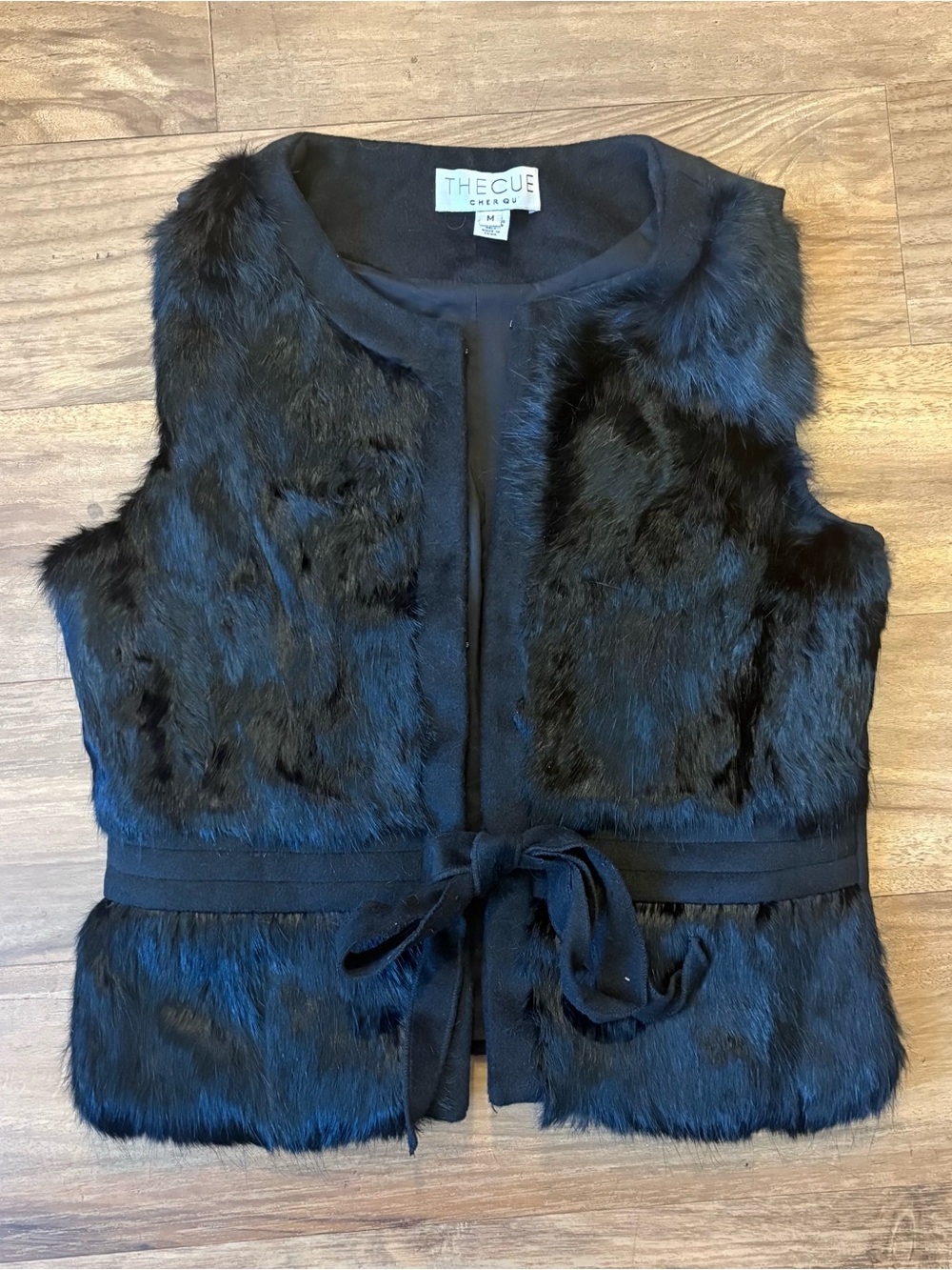 The Cue Black Rabbit Fur Tie-Waist Vest